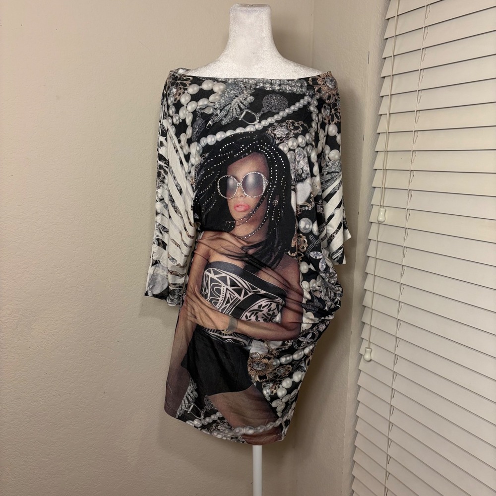 vtg 90s euro printed slouchy shirt minidress bedazzled mcbling grunge party girl